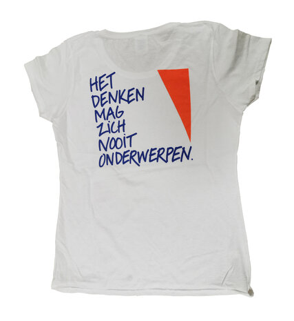 Witte T-shirt in mannen of vrouwenmodel met Het denken mag zich nooit onderwerpen op de achterzijde